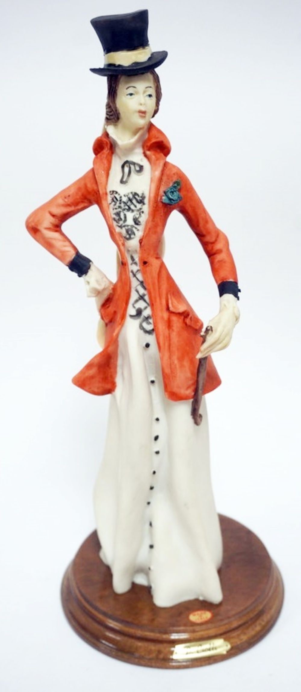 ITALIAN CAPODIMONTE STYLE FIGURE: ITALIAN CAPODIMONTE STYLE FIGURE OF WOMAN RIDER MOUNTED ON WOOD BASE, APPROXIMATELY 13 1/2 IN H