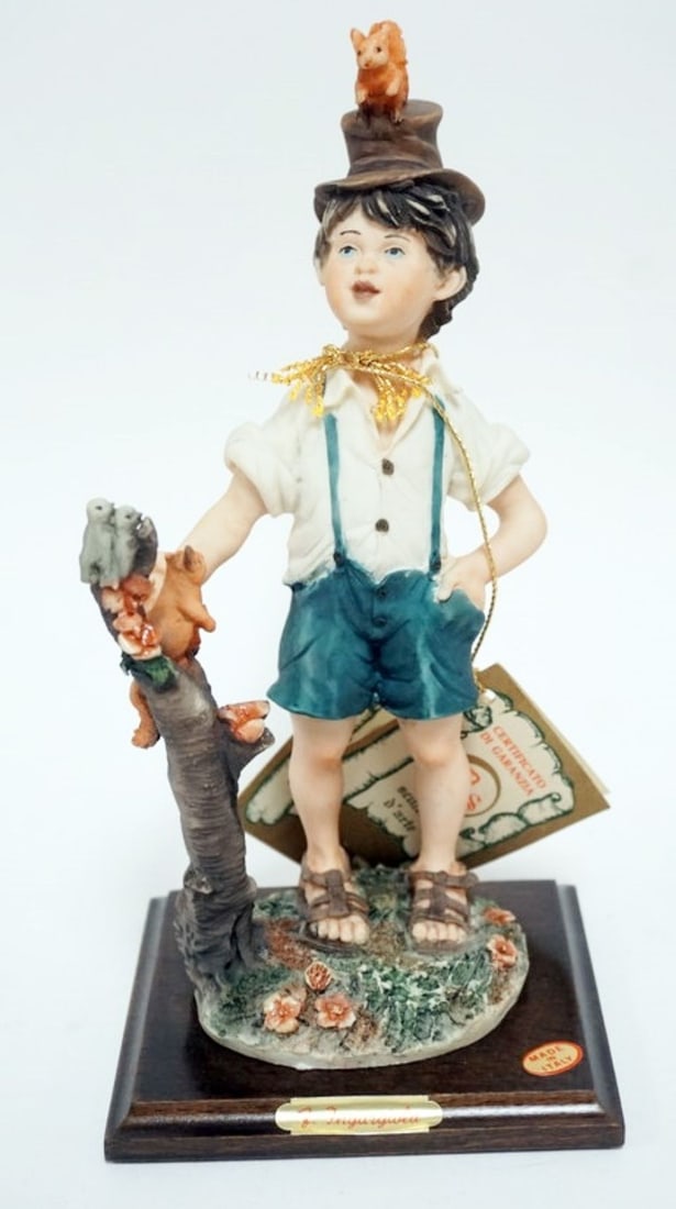 ITALIAN CAPODIMONTE STYLE FIGURE: ITALIAN CAPODIMONTE STYLE FIGURE OF YOUNG BOY WEARING TOP HAT WITH SQUIRREL