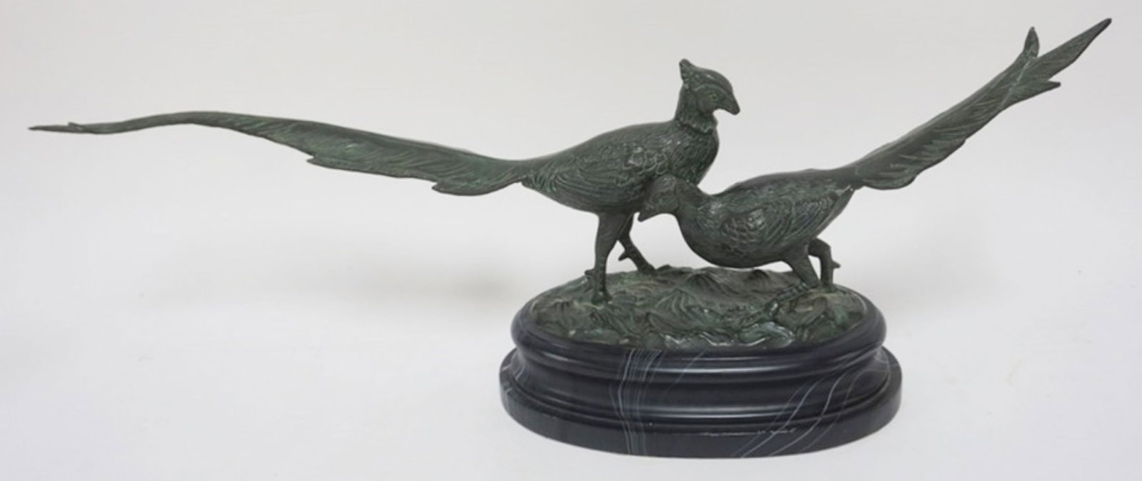 BRONZE FINISHED METAL CAST OF PHEASANTS: CONTEMPORARY BRONZE FINISHED METAL CAST OF PHEASANTS, APPROXIMATELY 5 IN X 23 IN X 9 IN H