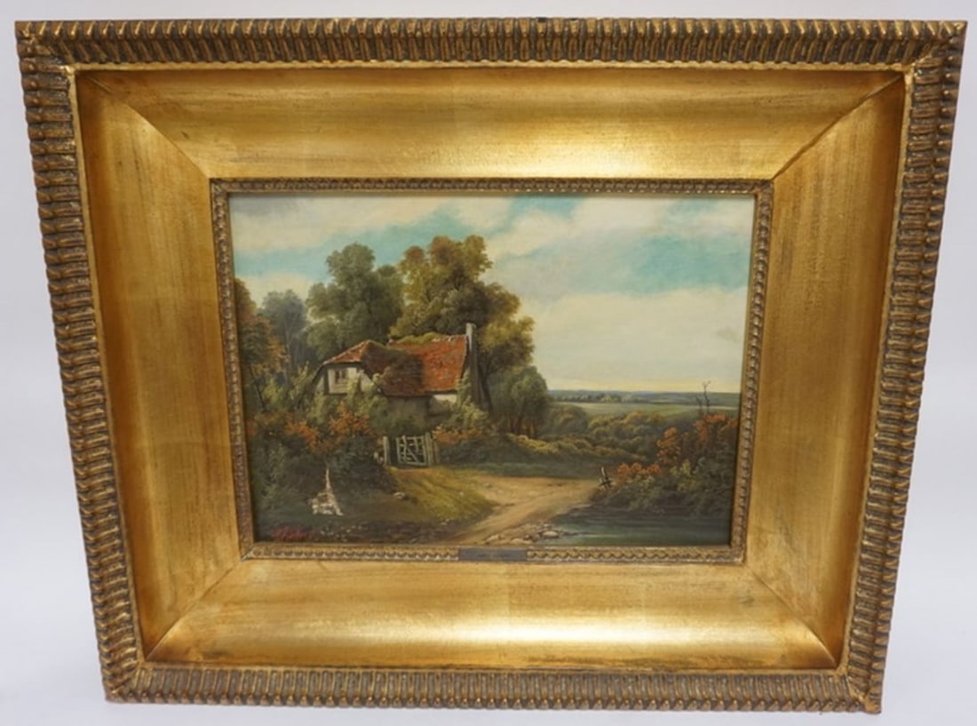 JAMES VICKERS OIL PAINTING: OIL PAINTING ON CANVAS, JAMES VICKERS, IMAGE OF COTTAGE IN FOREST, APPROXIMATELY 31 IN X 25 IN OVERALL, HOLE IN LOWER LEFT