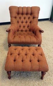 STICKLEY UPHOLSTERED ARM CHAIR AND OTTOMAN