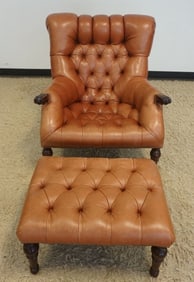 STICKLEY LEATHER ARM CHAIR AND OTTOMAN
