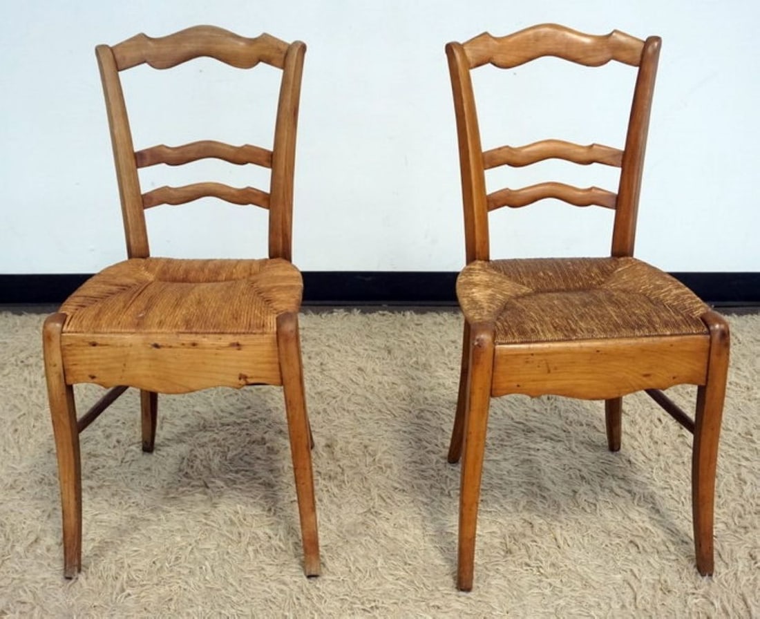 COUNTRY FRENCH RUSH SEAT SIDE CHAIRS: PAIR OF COUNTRY FRENCH RUSH SEAT SIDE CHAIRS, EACH APPROXIMATELY 16 IN X 16 IN X 34 IN H