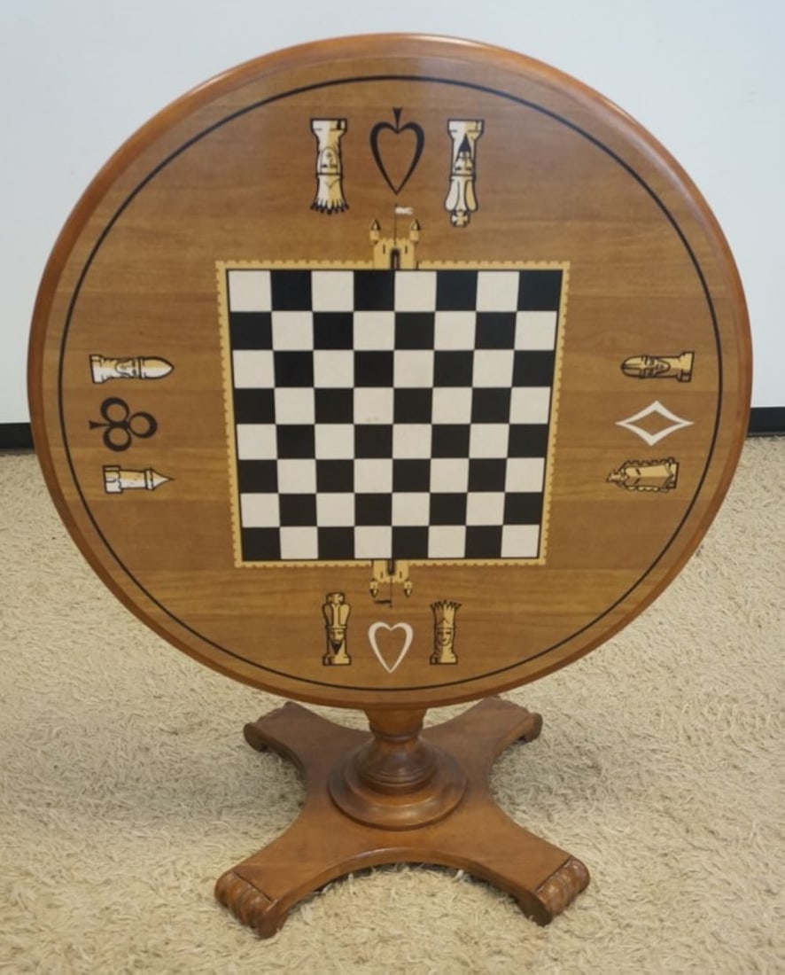 ROCKPORT FLIP TOP CHESS TABLE: ROCKPORT FLIP TOP CHESS TABLE, APPROXIMATELY 38 IN D X 29 IN H