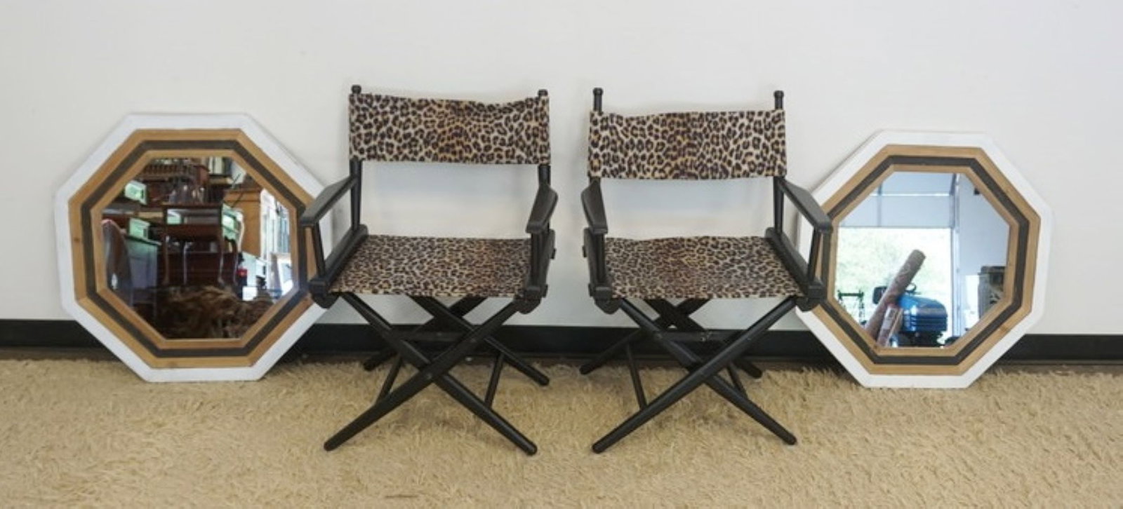LEOPARD FABRIC DIRECTOR CHAIRS AND MIRRORS: 2 LEOPARD FABRIC DIRECTOR CHAIRS AND 2 OCTAGON MIRRORS, CHAIRS APPROXIMATELY 34 IN H, MIRRORS APPROXIMATELY 30 IN
