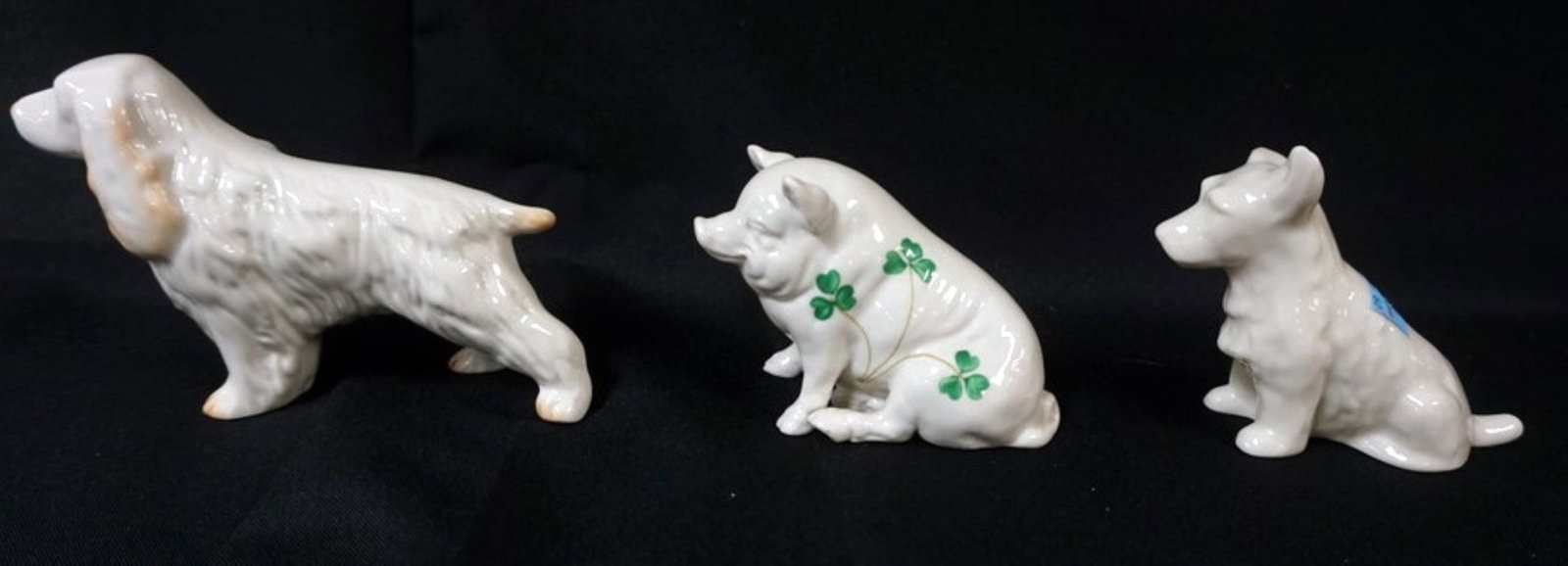 IRISH BELLEEK ANIMAL FIGURES: IRISH BELLEEK ANIMAL FIGURES, DOGS AND PIG, TALLEST PIECE APPROXIMATELY 4 1/4 IN H