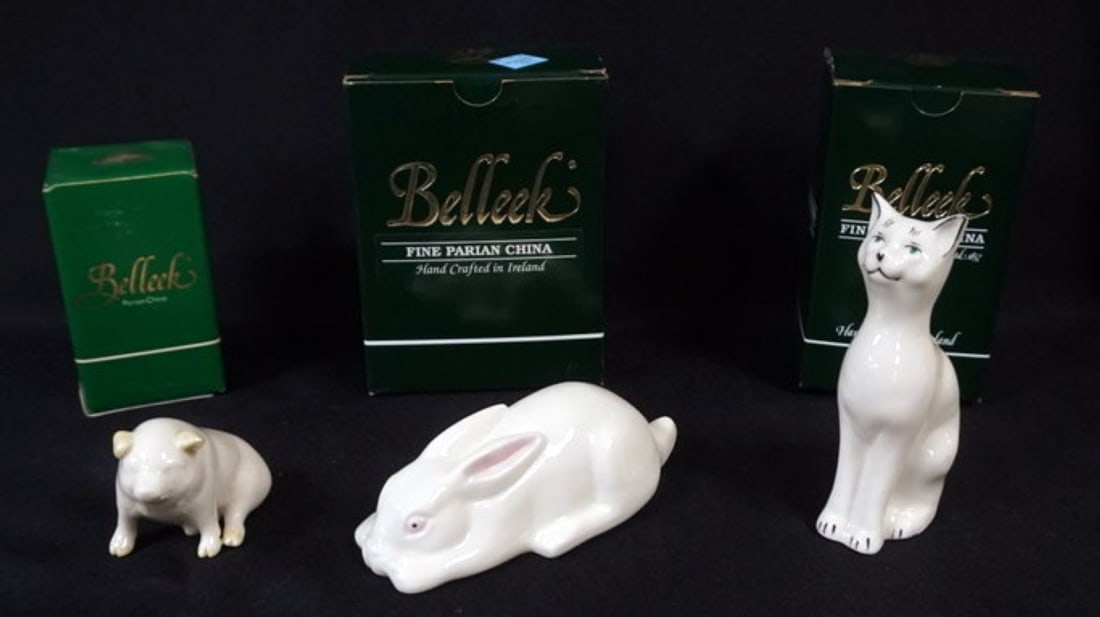 IRISH BELLEEK ANIMAL FIGURES: IRISH BELLEEK ANIMAL FIGURES, RABBIT, CAT AND PIG, TALLEST PIECE APPROXIMATELY 5 1/4 IN H