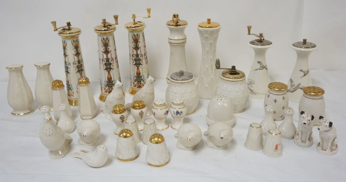 GROUP OF ASSORTED SALTS & PEPPERS: GROUP OF ASSORTED SALTS & PEPPERS INCLUDING SOME AMERICAN BELLEEK, LARGEST APPROXIMATELY 9 IN HIGH