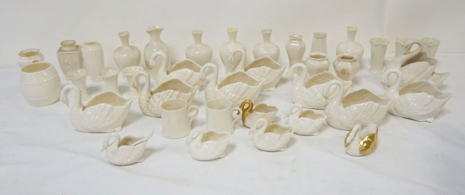GROUP OF ASSORTED LENOX: GROUP OF ASSORTED LENOX MNIATURE VASES & SWANS, MOSTLY GREEN MARK, TALLEST APPROXIMATELY 4 1/2 IN HIGH