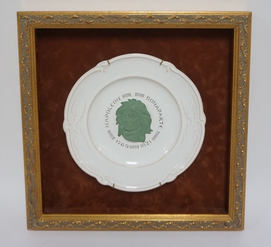 NAPOLEON BONAPARTE PLATE: PLATE WITH RAISED IMAGE OF NAPOLEON BONAPARTE IN SHADOW BOX FRAME, APPROXIMATELY 17 IN X 17 IN OVERALL