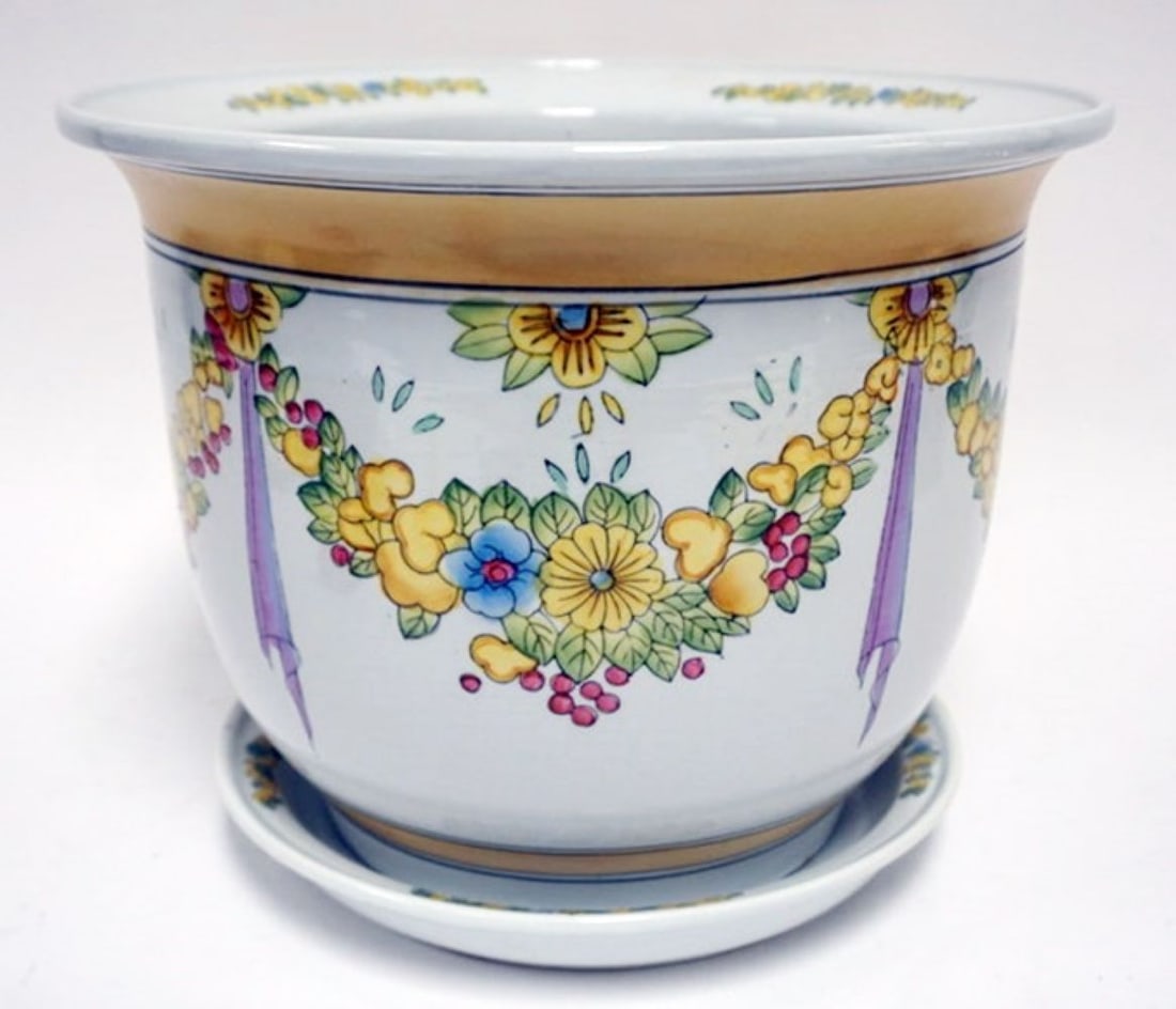 PORCELAIN FLORAL DECORATED PLANTER: PORCELAIN FLORAL DECORATED PLANTER WITH UNDERPLATE, APPROXIMATELY 12 IN X 10 IN H