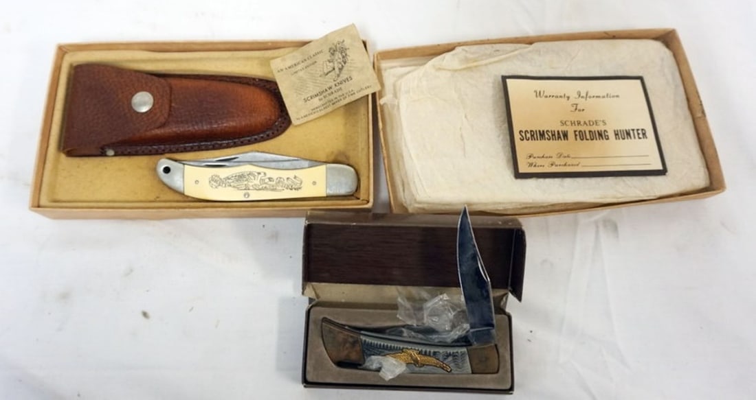 SCHRADE SCRIMSHAW KNIFE AND FOLDING KNIFE: SCHRADE SCRIMSHAW KNIFE AND FOLDING KNIFE WITH EAGLE ON HANDLE, LARGEST APPROXIMATELY 5 1/4 IN CLOSED