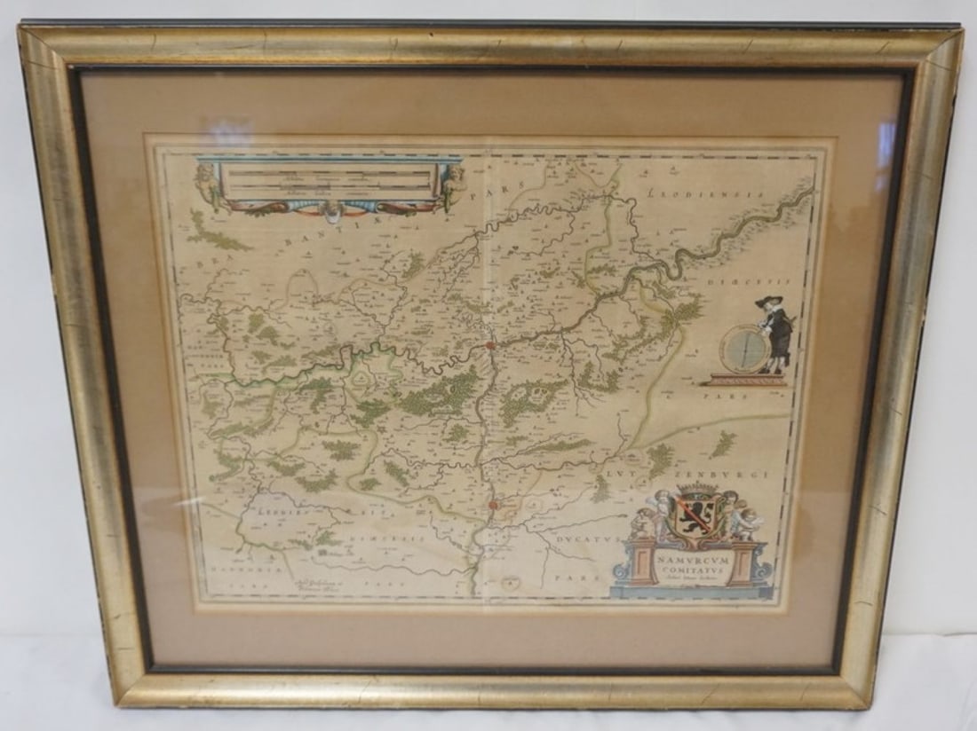 JOHANNES HANSSONIUS ANTIQUE BELGIUM MAP: ANTIQUE BELIGUM MAP, JOHANNES JANSSONIUS, FRAMED AND MATTED, APPROXIMATELY 24 IN X 28 IN OVERALL