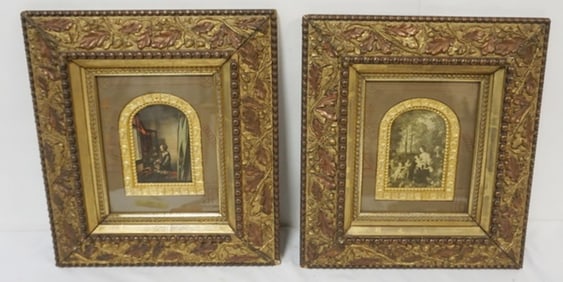 PAIR OF PRINTS IN OAK LEAF FRAMES