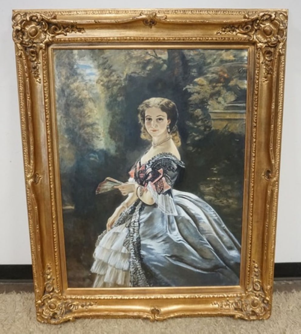 CONTEMPORARY OIL ON CANVAS: LARGE CONTEMPORARY OIL ON CANVAS, IMAGE OF SOUTHERN BELL, APPROXIMATELY 41 IN X 51 IN OVERALL