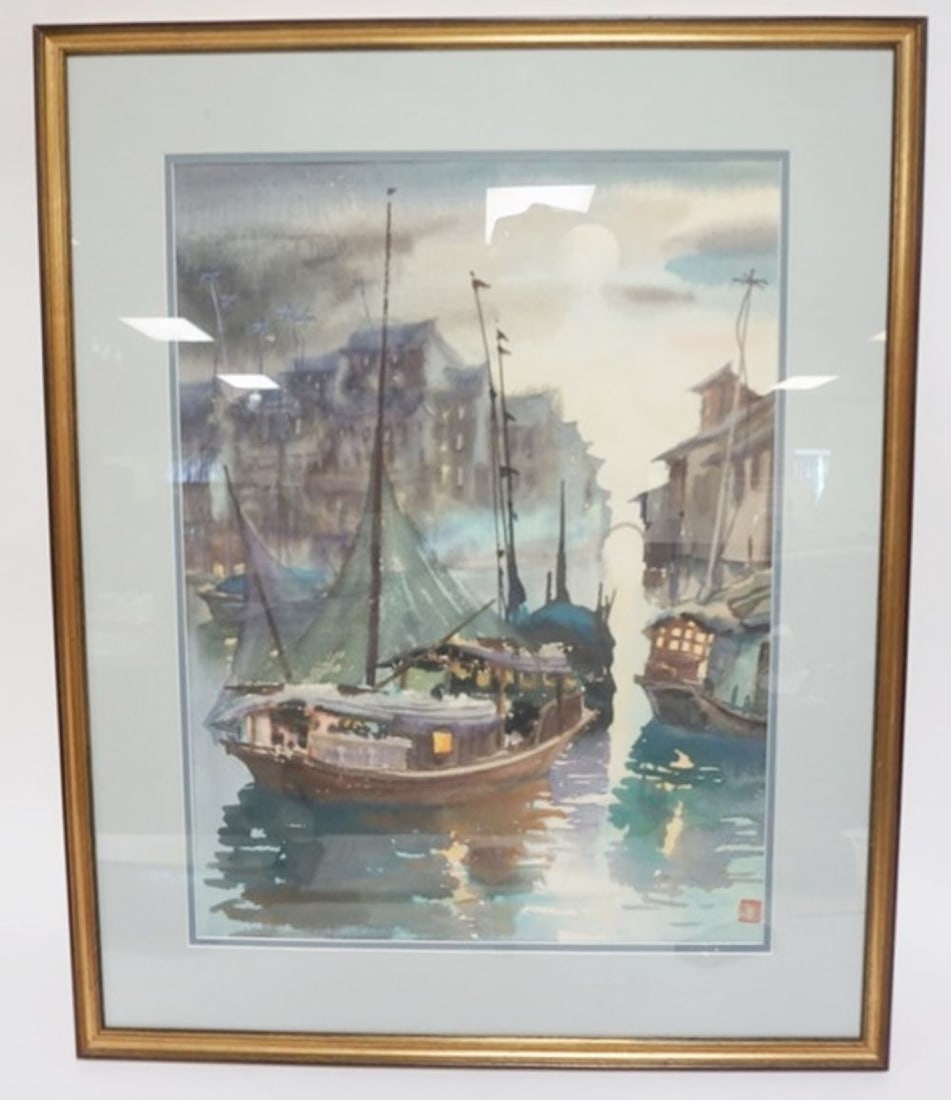 ASIAN WATER COLOR: FRAMED AND MATTED ASIAN WATERCOLOR OF A HARBOR SCENE, APPROXIMATELY 24 IN X 29 IN OVERALL