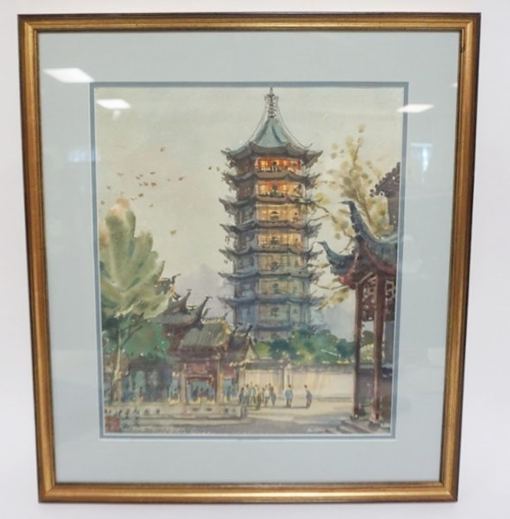 ASIAN WATER COLOR: FRAMED ASIAN WATERCOLOR, IMAGE OF A PAGODA, CHARACTER SIGNED LOWER LEFT, APPROXIMATELY 20 IN X 22 IN OVERALL