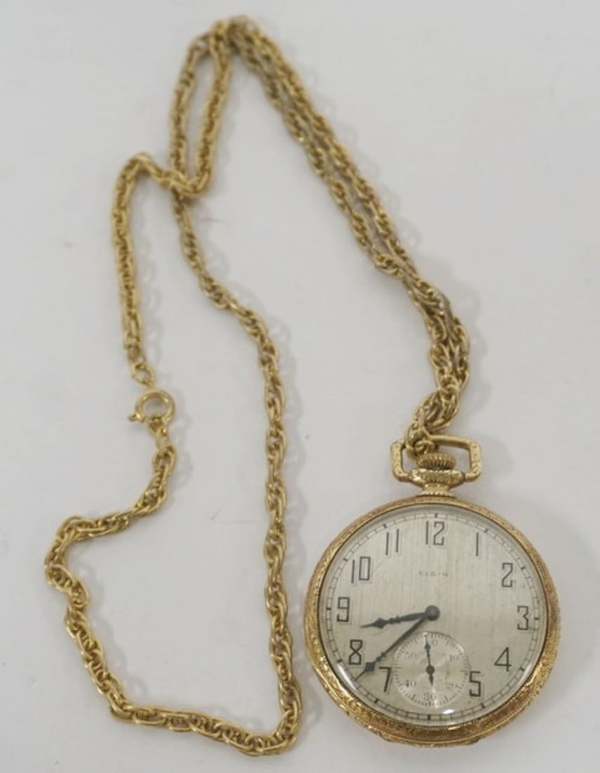 ELGIN MENS POCKET WATCH AND FOB: ELGIN MENS 14K GF 20 YEAR POCKET WATCH WITH FOB