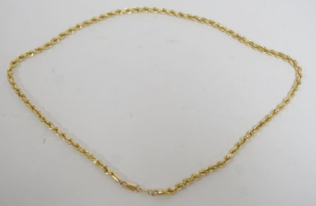 14K GOLD LADIES ROPE NECKLACE: 14K GOLD LADIES ROPE NECKLACE MADE IN PERU, 7.93 DWT, APPROXIMATELY 22 IN LONG
