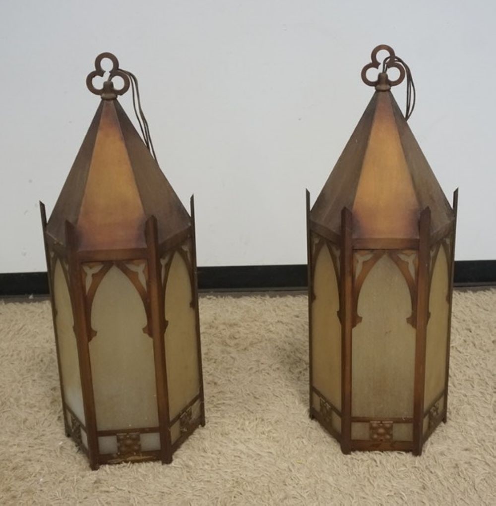 GOTHIC METAL AND FROST GLASS HANGING FIXTURES: PAIR OF GOTHIC METAL AND FROSTED GLASS HANGING FIXTURES, EACH APPROXIMATELY 12 IN X 38 IN H