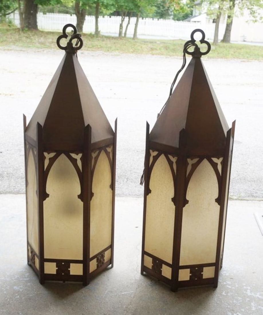 GOTHIC METAL AND FROST GLASS HANGING FIXTURES: PAIR OF GOTHIC METAL AND FROSTED GLASS HANGING FIXTURES, EACH APPROXIMATELY 12 IN X 38 IN H, 1 WITH CRACKED PANEL