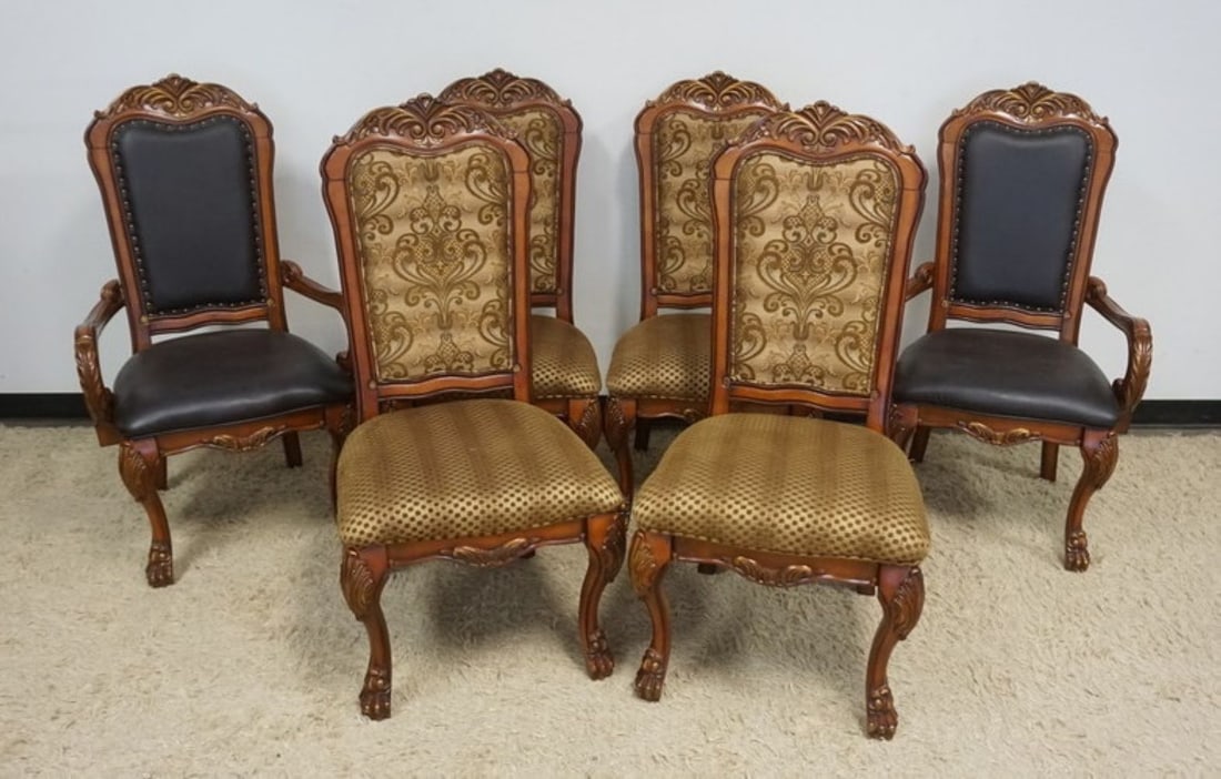 ORNATE CLAW FOOT DINING CHAIRS: SET OF 6 ORNATE CLAW FOOT DINING CHAIRS WITH UPHOLSTERED SEATS AND BACKS, 2 ARM AND 4 SIDE