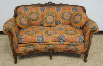 WALNUT CARVED UPHOLSTERED LOVE SEAT