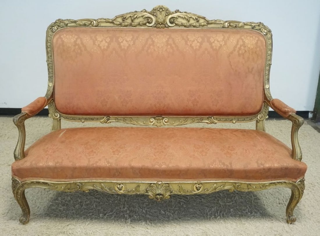 ANTIQUE CARVED UPHOLSTERED SETTEE (1 of 11)