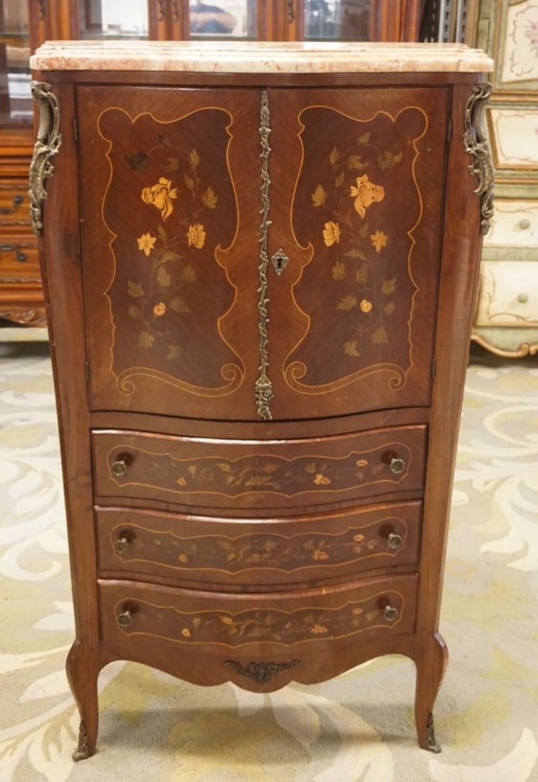 INLAID MARBLE TOP CHEST: INLAID MARBLE TOP 3 DRAWER, 2 DOOR NARROW CHEST WITH APPLIED METAL MOUNTS, APPROXIMATELY 28 IN X 13 IN X 48 IN H