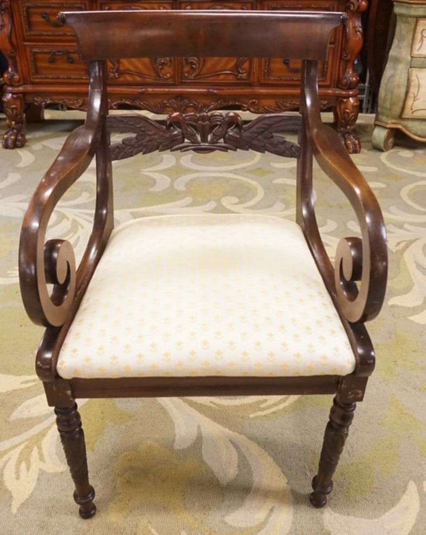 EMPIRE STYLE ARM CHAIR: CARVED MAHOGANY EMPIRE STYLE SCROLLED ARM CHAIR, CARVED SWANS ON BACK, APPROXIMATELY 23 IN X 21 IN X 36 IN H