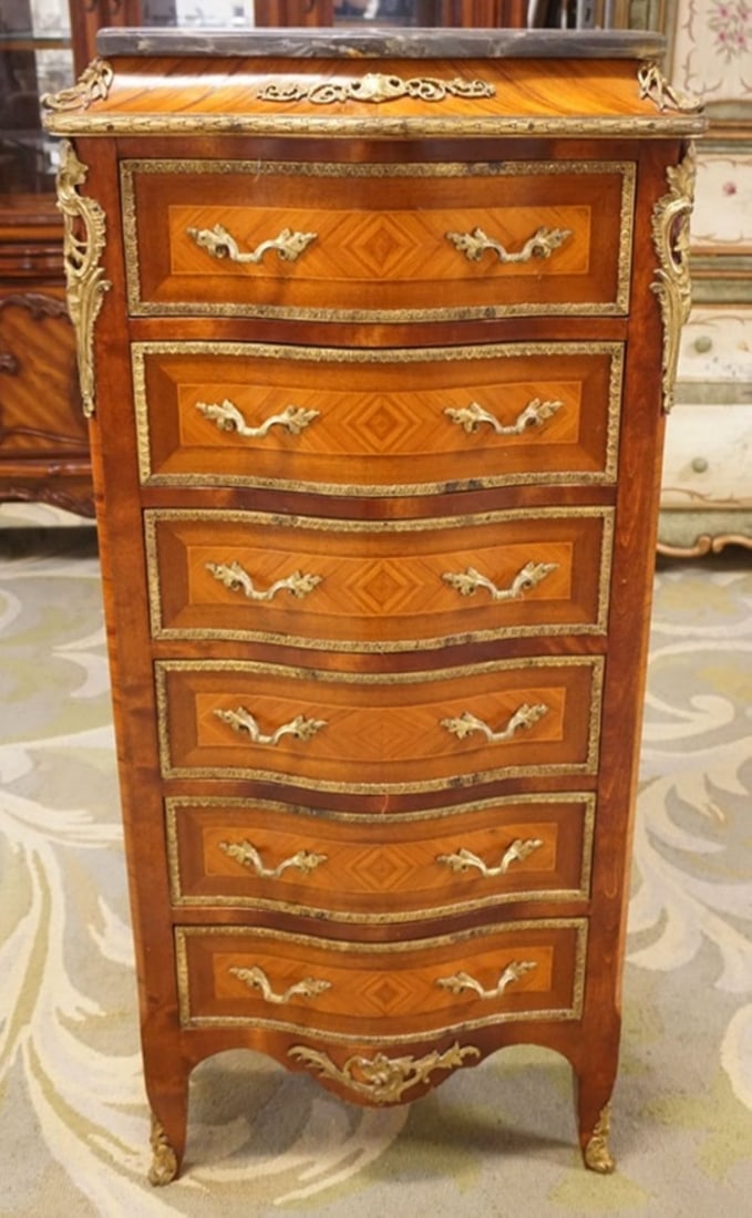 FRENCH MARBLE TOP LINGERIE CHEST: FRENCH MARBLE TOP 6 DRAWER LINGERIE CHEST WITH APPLIED METAL TRIM AND MOUNTS, APPROXIMATELY 25 IN X 15 IN X 49 IN H