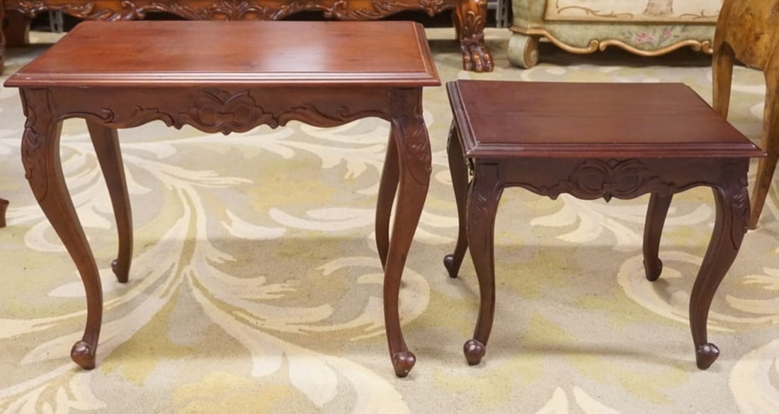 GRADUATED MAHOGANY STANDS: 2 GRADUATED MAHOGANY STANDS, LARGEST APPROXIMATELY 26 IN X 16 IN X 22 IN