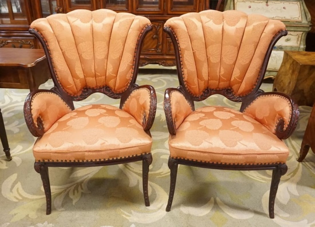 UPHOLSTERED FAN BACK ARM CHAIRS: PAIR OF UPHOLSTERED FAN BACK CURVED ARM CHAIRS, EACH APPROXIMATELY 30 IN X 23 IN X 42 IN H
