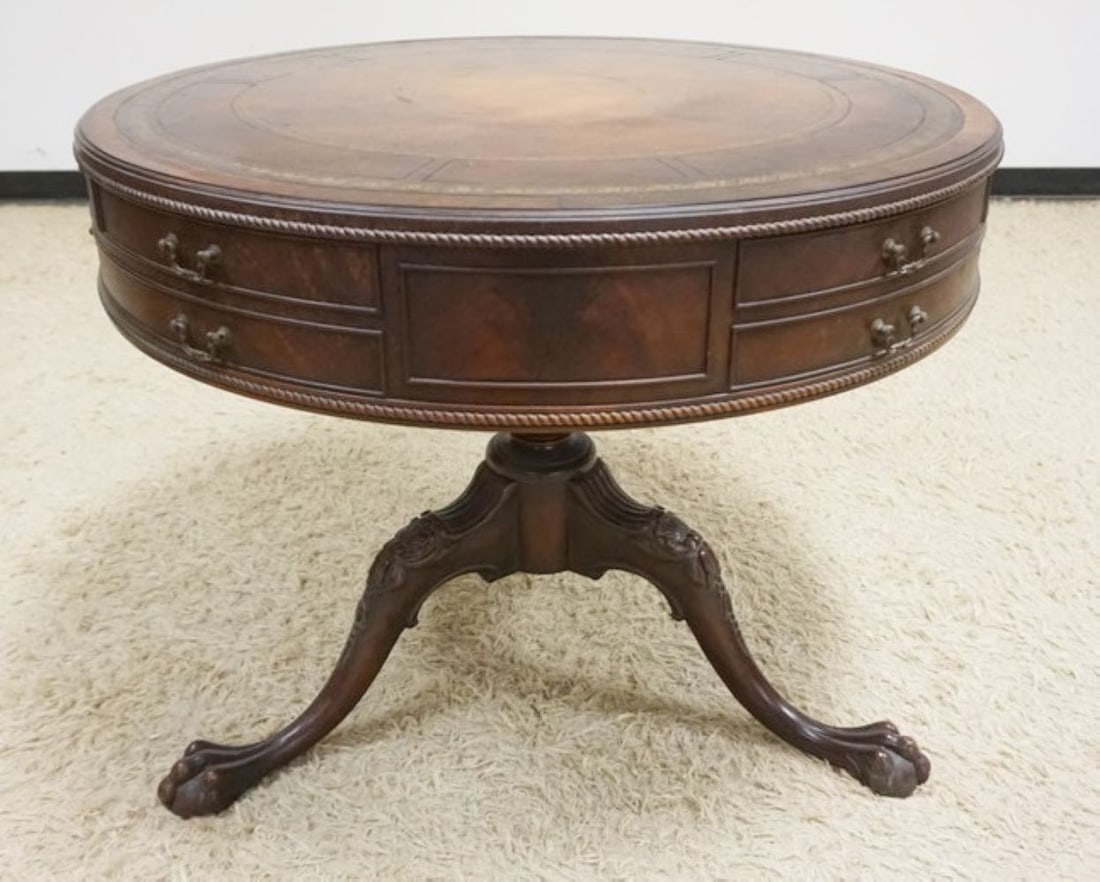 MAHOGANY LEATHER TOP DRUM TABLE (1 of 3)