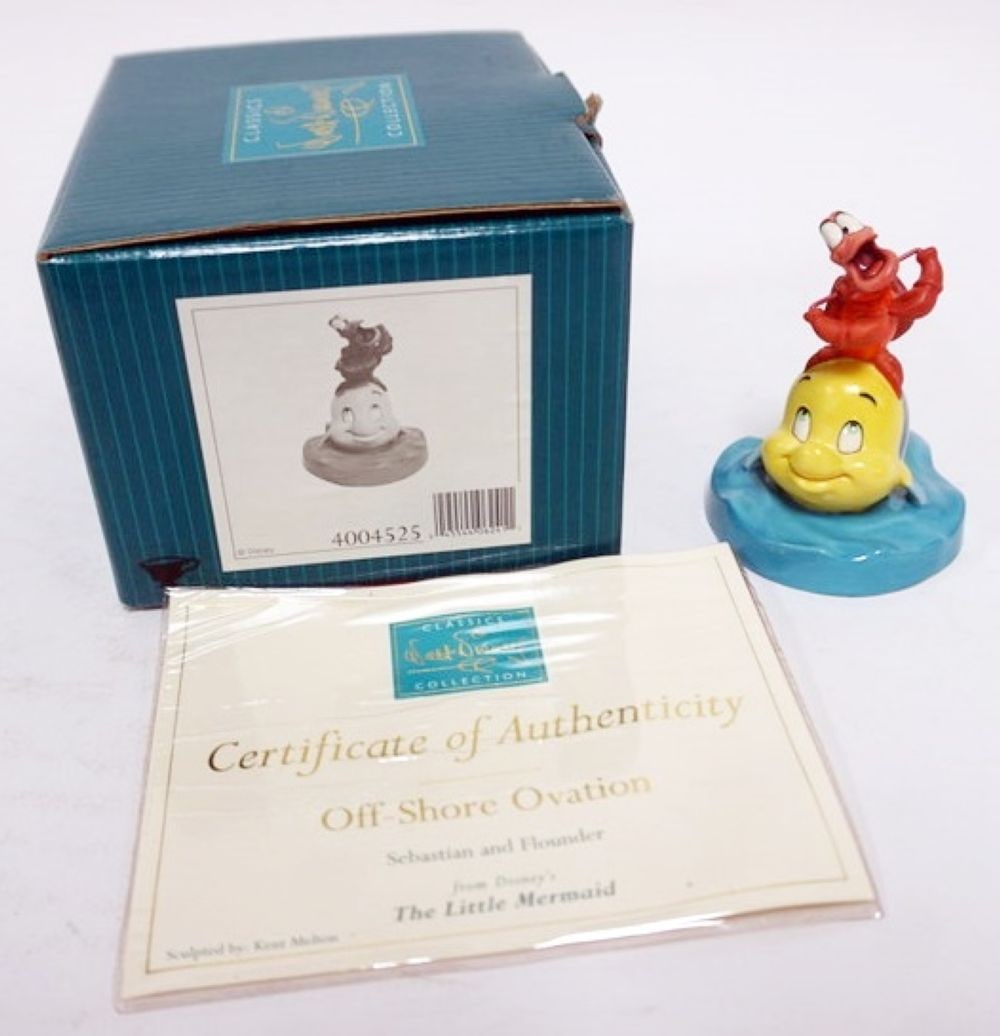WALT DISNEY CLASSIC COLLECTION THE LITTLE MERMAID: WALT DISNEY CLASSIC COLLECTIONS, THE LITTLE MERMAID, SEBASTIAN AND FLOUNDER , *OF SHORE OVATION! * APPROXIMATELY 4 IN H