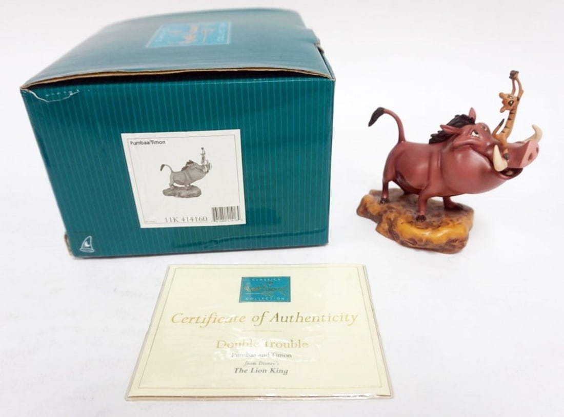 WALT DISNEY CLASSIC COLLECTION THE LION KING: WALT DISNEY CLASSIC COLLECTIONS, THE LION KING, PUMBA AND TIMON, *DOUBLE TROUBLE* APPROXIMATELY 6 IN H