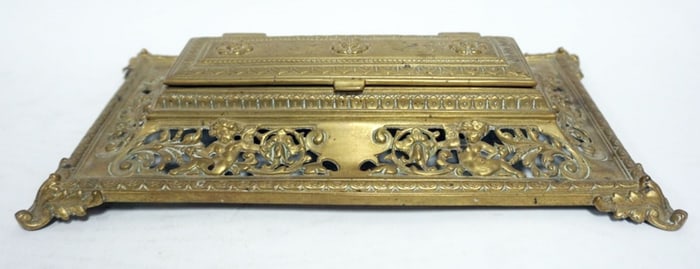 ANTIQUE CAST BRASS DOUBLE INKWELL
