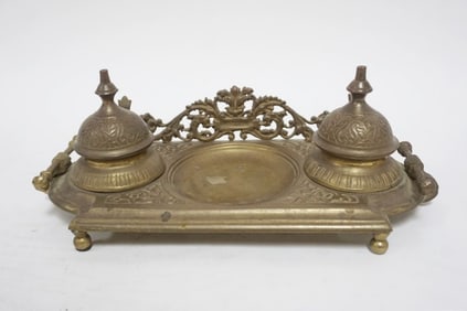 ORNATE CAST BRASS DOUBLE INKWELL