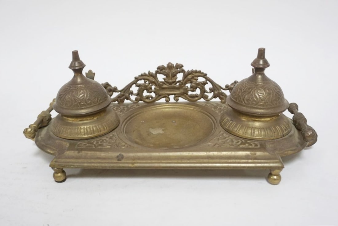 ORNATE CAST BRASS DOUBLE INKWELL (1 of 4)