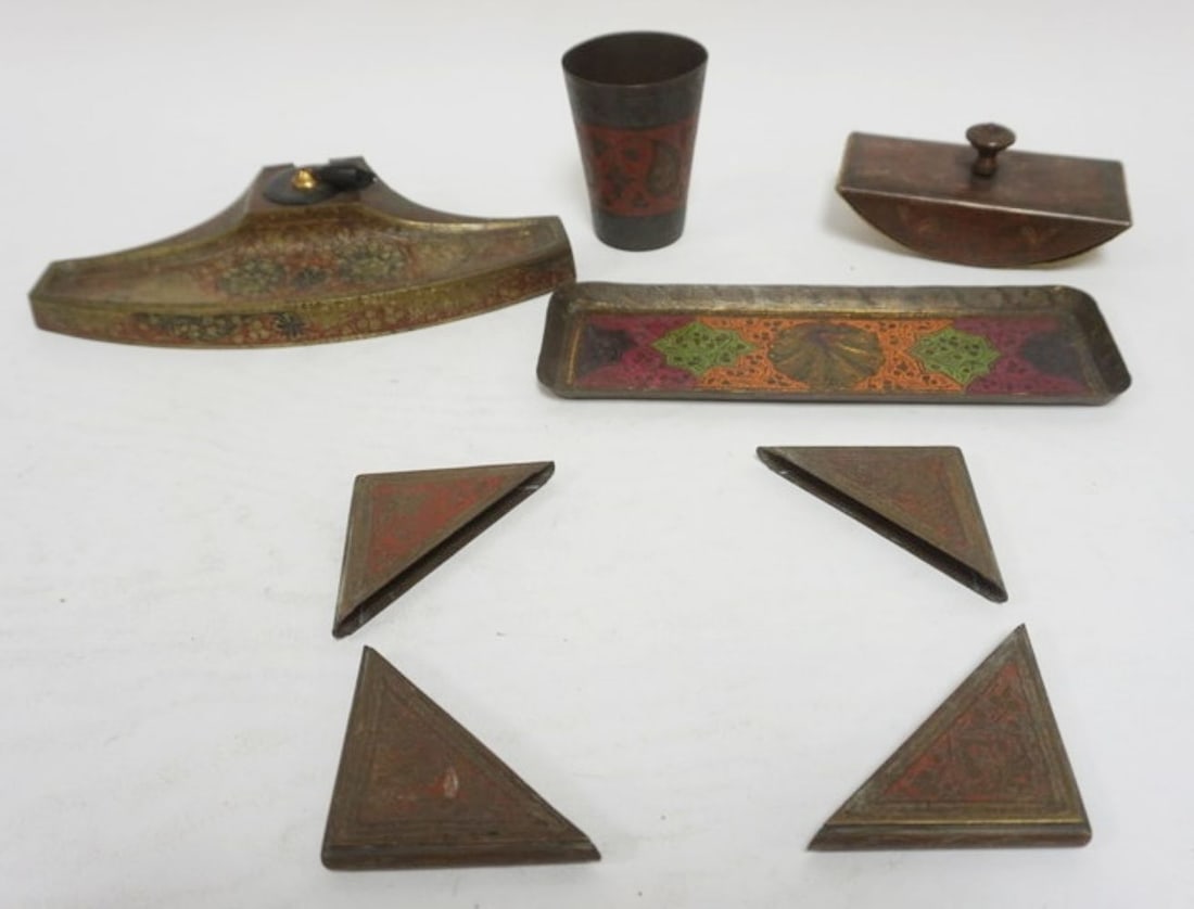 BRASS DESK SET: BRASS DESK SET INCLUDING BLOTTER CORNERS, BLOTTER, PEN TRAY, PEN HOLDER & CUP, LARGEST PIECE APPROXIMTELY 10 IN X 5 IN X 1 IN HIGH