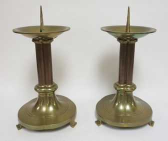 PAIR OF LARGE ANTIQUE BRASS PRICKET CANDLE STICKS