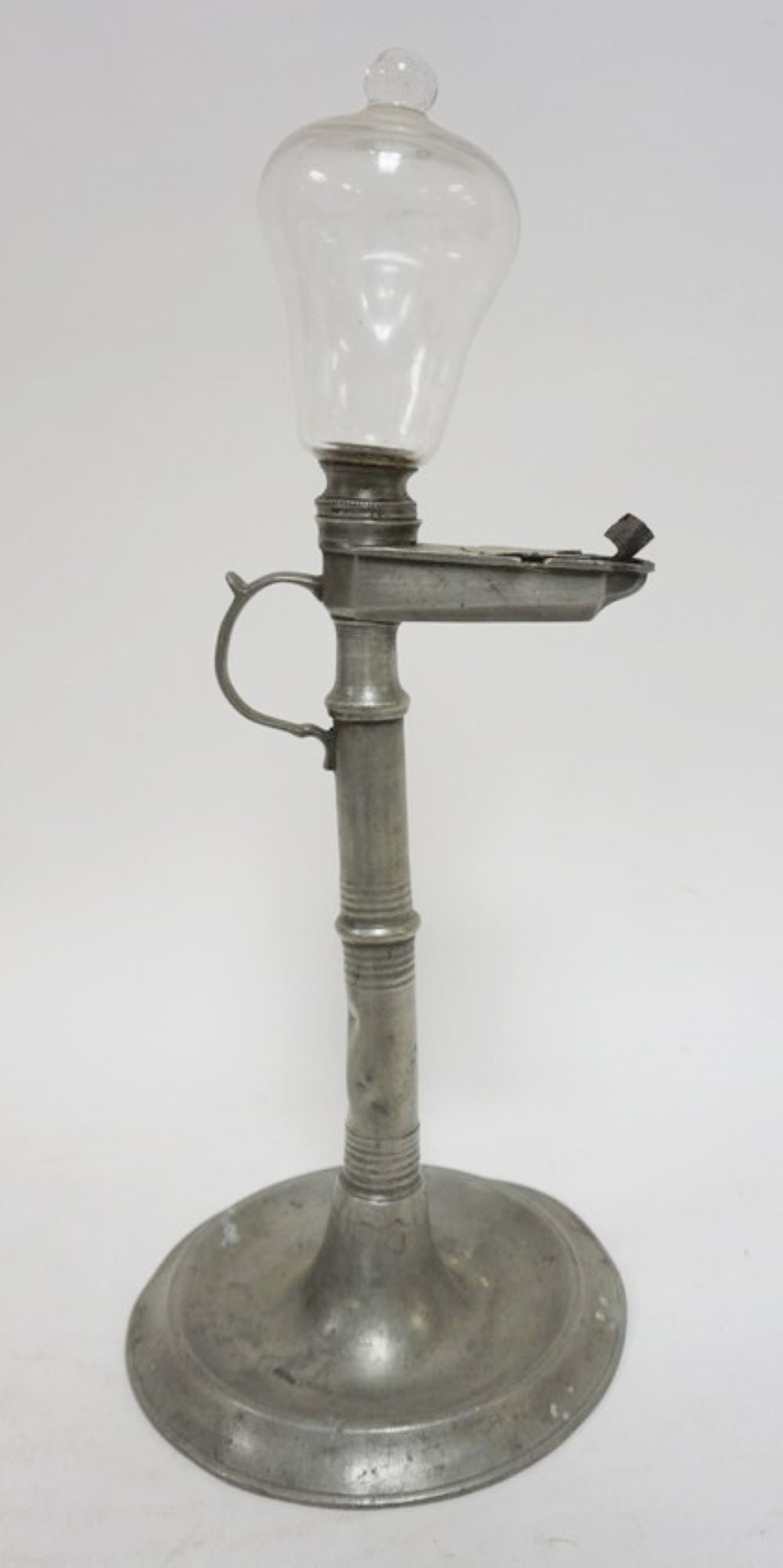 ANTIQUE PEWTER WHALE OIL LAMP: ANTIQUE PEWTER WHALE OIL LAMP, APPROXIMATELY 14 1/2 IN HIGH