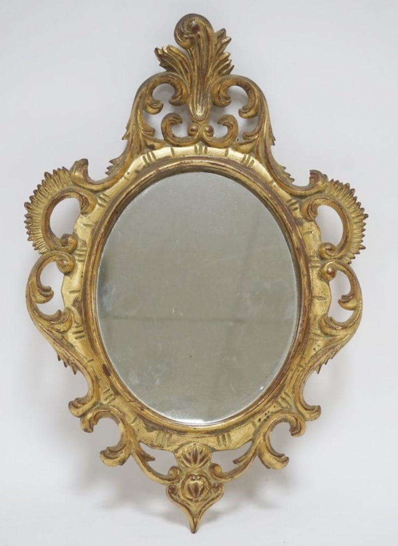 FRENCH GILT WOOD HANGING MIRROR: FRENCH GILT WOOD HANGING MIRROR, APPROXIMATELY 19 IN HIGH X 12 IN WIDE
