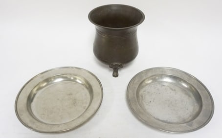 BRONZE FOOTED VASE & 2 PEWTER BOWLS