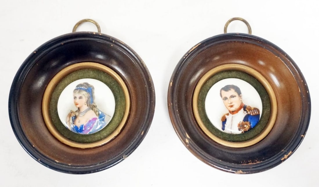 FRAMED HAND PAINTED IMAGES OF NAPOLEON & JOSEPHINE: FRAMED HAND PAINTED IMAGES OF NAPOLEON & JOSEPHINE, EACH APPROXIMATELY 4 1/4 IN OVERALL