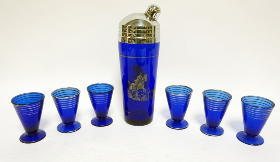 ART DECO SILVER OVERLAY COCKTAIL SHAKER & GLASSES (1 of 3)