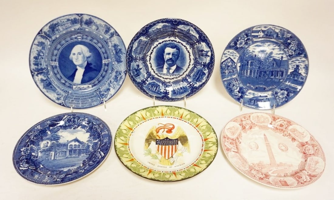 GROUP OF ANTIQUE PORCELAIN TRANSFERWARE: GROUP OF ANTIQUE PORCELAIN TRANSFERWARE POLITICAL PLATES, PRESIDENT COOLIDGE HOME, MCKINLEY HOME, GEORGE WASHINGTON & THEODORE ROOSEVELT, ETC