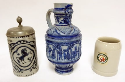 GERMAN STONEWARE PITCHER, ETC