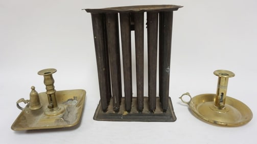 ANTIQUE BRASS PUSH UP CANDLESTICKS, ETC