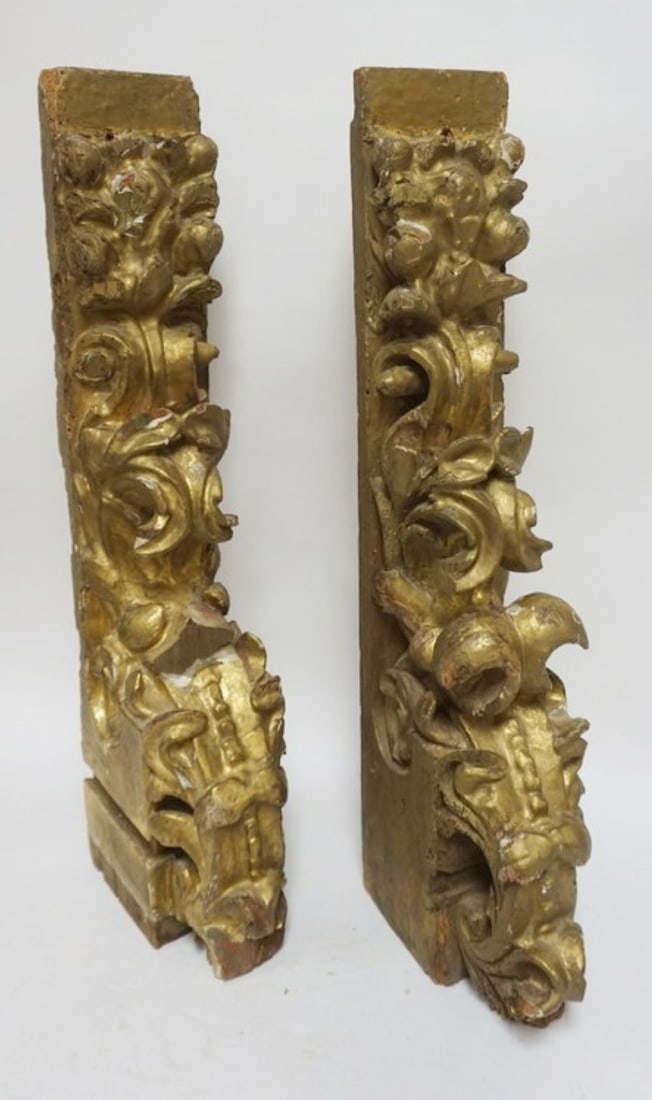 ANTIQUE GUILT WOOD ARCHITECTURAL CARVED PIECES: PAIR OF ANTIQUE GUILT WOOD ARCHITECTURAL CARVED PIECES, SOME LOSS TO CARVING, EACH APPROXIMATELY 9 IN X 5 IN X 28 IN HIGH